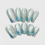Square-shaped glitter white press on nails with blue teardrop rhinestones and silver accents, elegant winter nail set for formal occasions