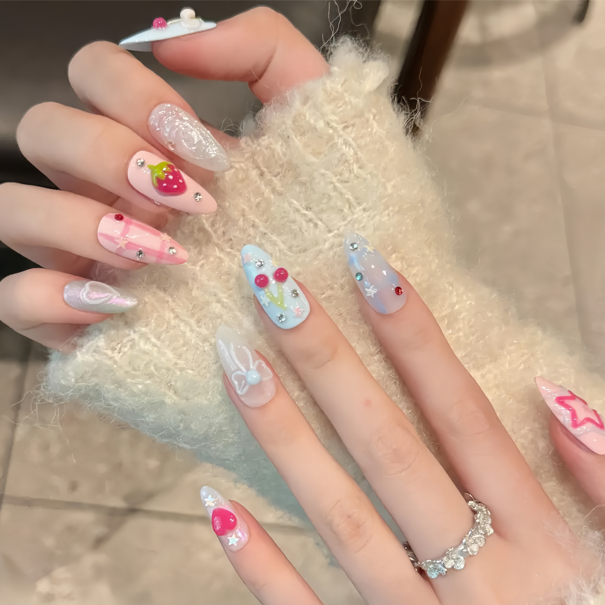 Almond Shaped Kawaii 3D Cartoon Press-On Nails – Cute Star, Cherry, Strawberry & Heart Designs for Girls Secondary image