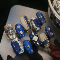 Navy Blue Square Press On Nails – Square Shape with Gold Accents, Jewels & Royal 3D Embellishments, Reusable for Women