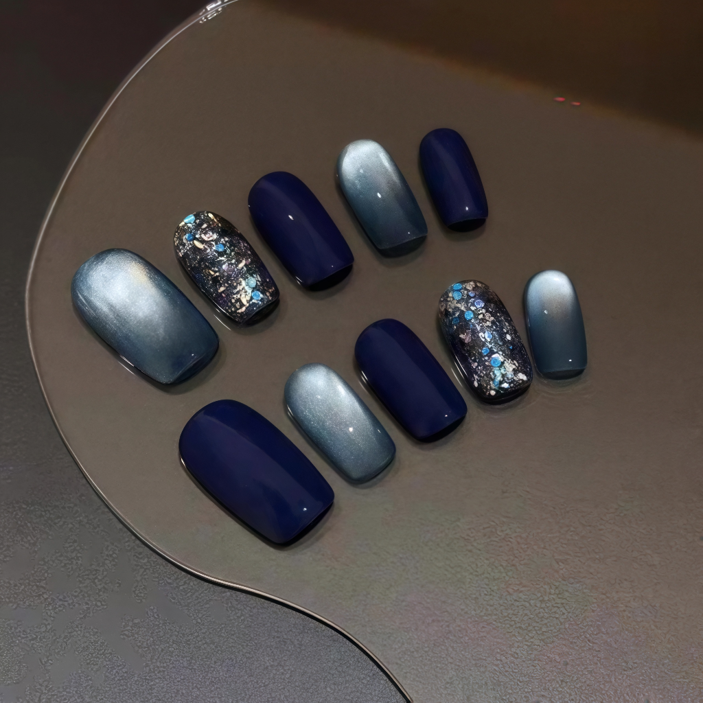 Square Galaxy Nail Set – Dark Blue Cat Eye & Glitter Press On Nails Secondary image