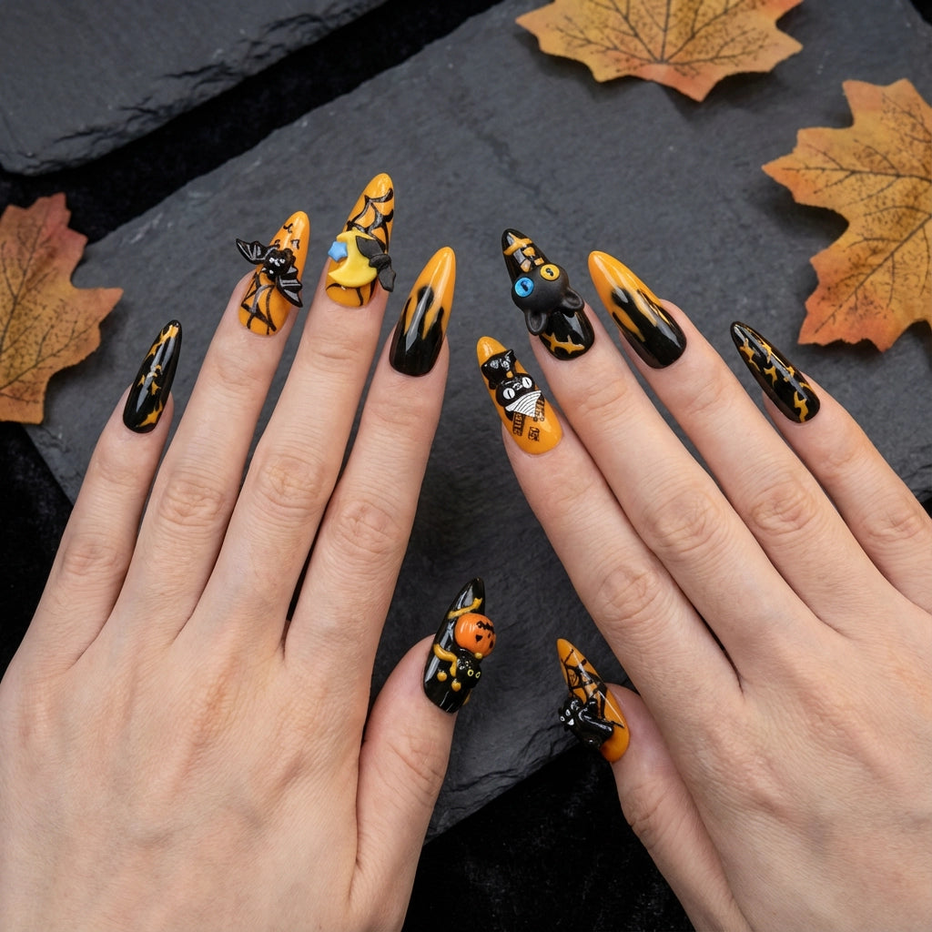 Reusable Halloween Press On Nails – Stiletto Shape with 3D Cat, Pumpkin, and Bat Designs for Spooky Season