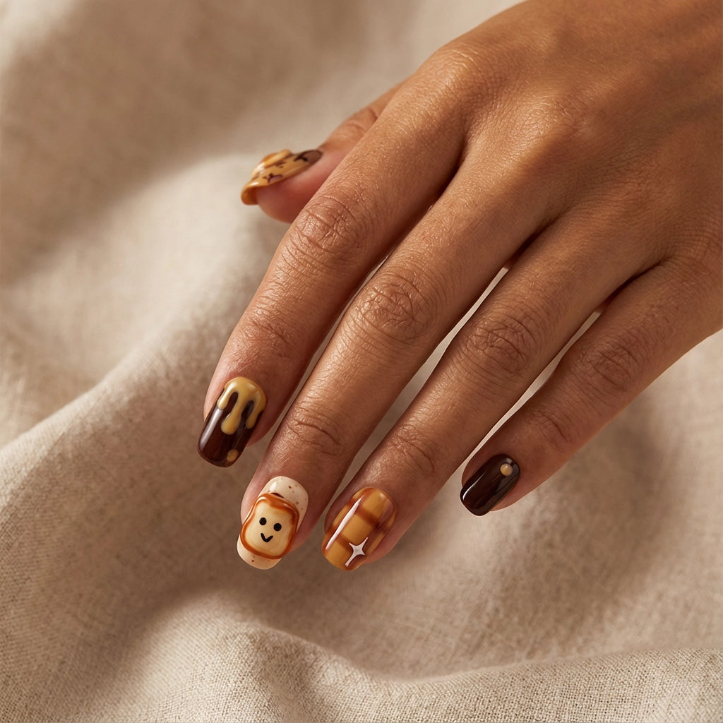 Reusable Toast Press On Nails – Square Shape with Cute Bread, Butter, and Chocolate Designs