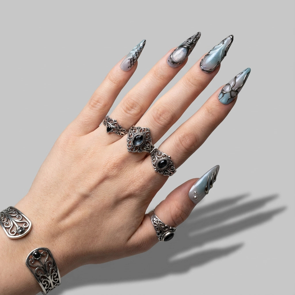 Reusable 3D Chrome Press On Nails – Long Almond Shape with Liquid Metal, Abstract Tribal, and Heart Designs for Cool Girls