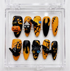 Reusable Halloween Press On Nails – Stiletto Shape with 3D Cat, Pumpkin, and Bat Designs for Spooky Season