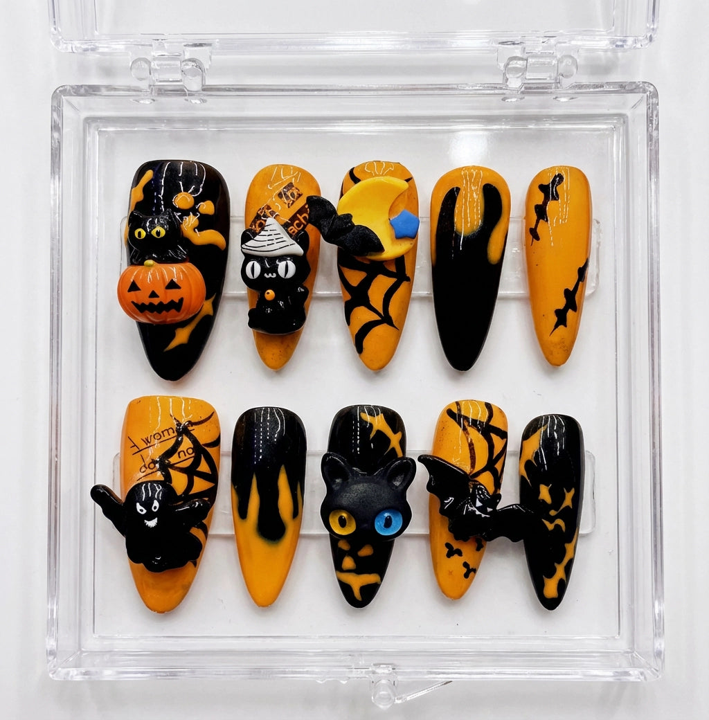 Reusable Halloween Press On Nails – Stiletto Shape with 3D Cat, Pumpkin, and Bat Designs for Spooky Season