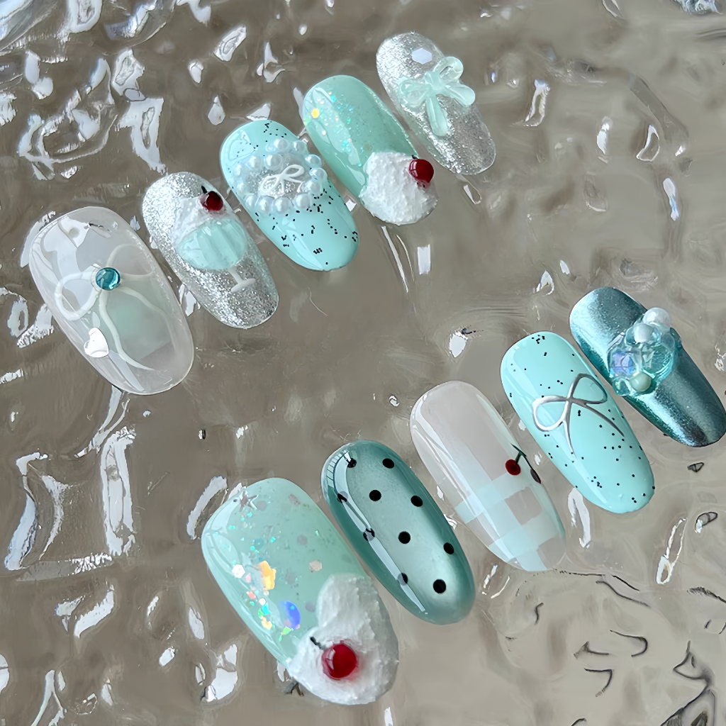 Mint Green Oval Press On Nails – Oval Shape with Pearls, Milkshake & Bow Designs, Reusable for Women Secondary image