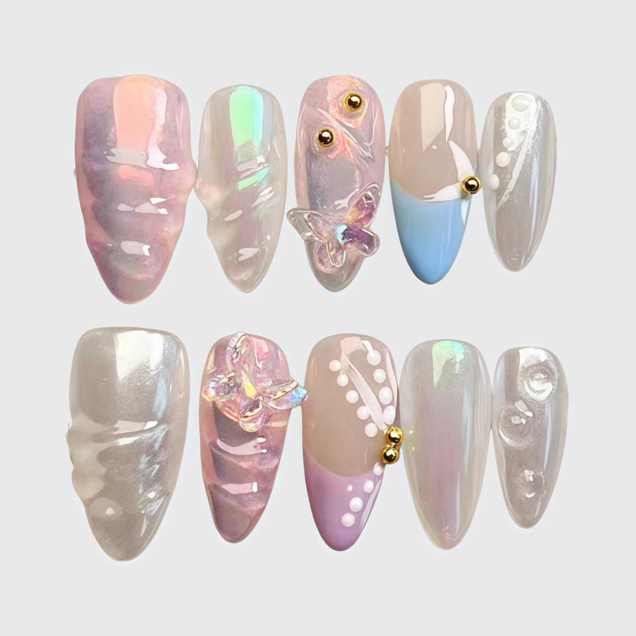 Stiletto Shape Iridescent Pink Press On Nails with Butterfly Charms, Pearly Swirls & Gradient Glow, Reusable Fantasy Nail Art for Women

