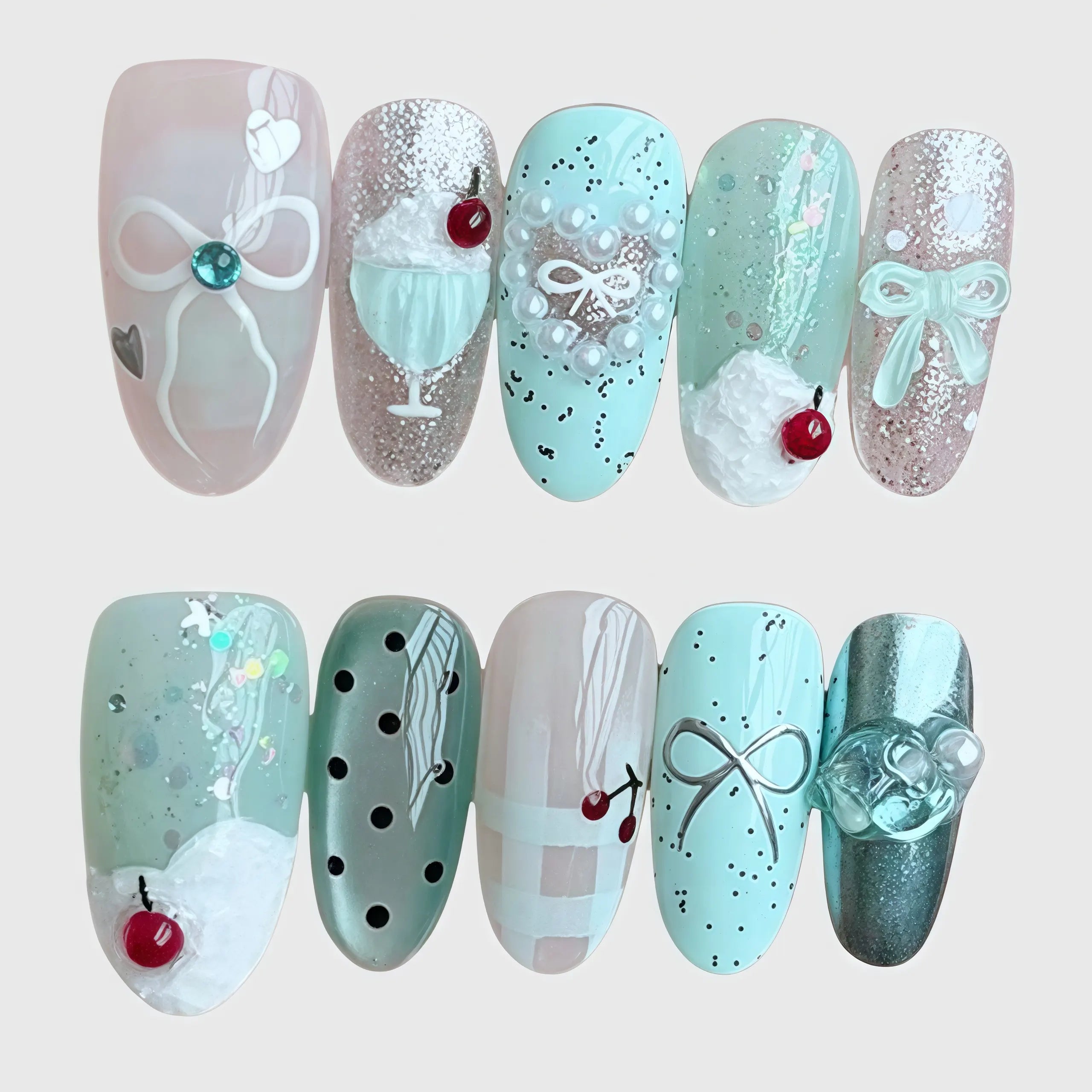 Reusable Mint Coquette Press On Nails – Almond Shape with 3D Cherry, Bow, and Pearl Heart Designs Main image