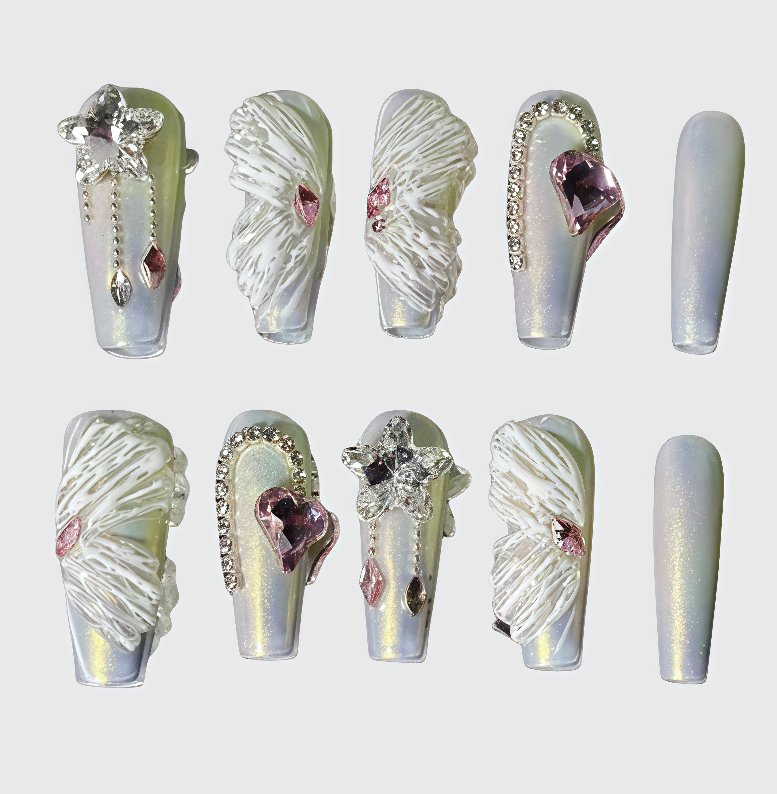 Silver Chrome Ballerina Press On Nails – Ballerina Shape with Bows, Rhinestones & 3D Gems, Reusable for Women