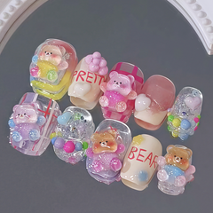 Reusable Pink Bear Square Press On Nails – Square Shape with Colorful Bears, Hearts & Fun Charms for Girls