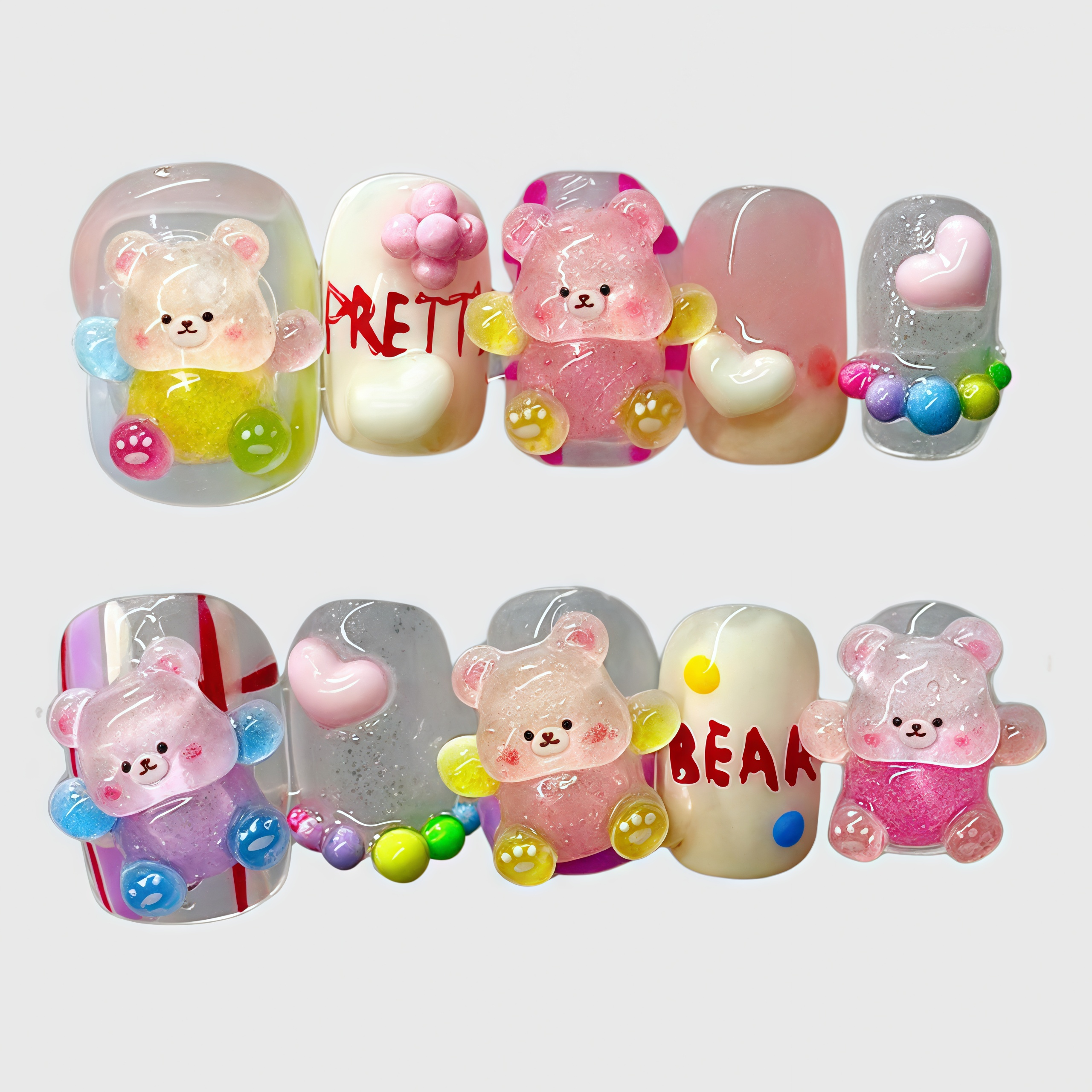 Square Shape Reusable Pink Bear Press On Nails Set with Colorful Bears, Hearts & Fun Charms for Girls