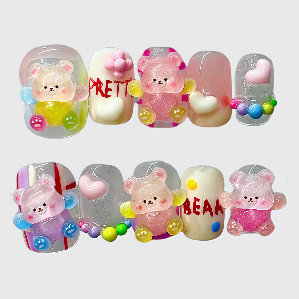 Square Shape Reusable Pink Bear Press On Nails Set with Colorful Bears, Hearts & Fun Charms for Girls