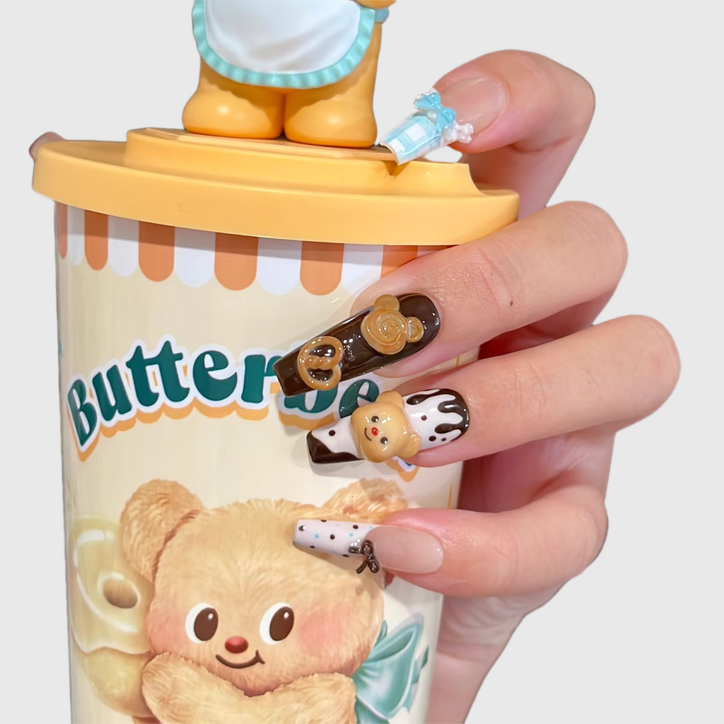Brown Dessert Bear Press On Nails – Coffin Shape with Chocolate, Bows & Cafe Charms, Reusable for Women