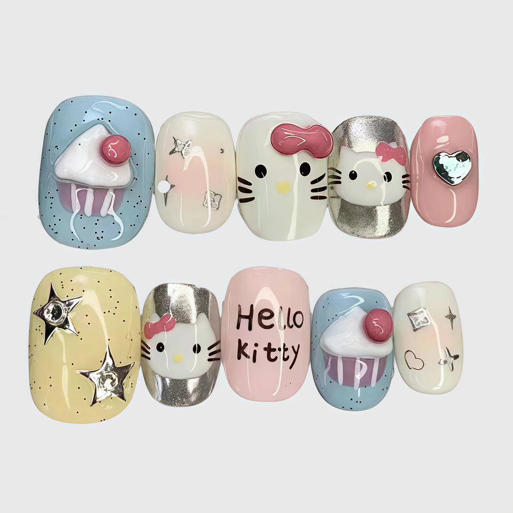 Reusable Hello Kitty Press On Nails – Square Shape with Cupcake, Star, and Heart Designs for Girls