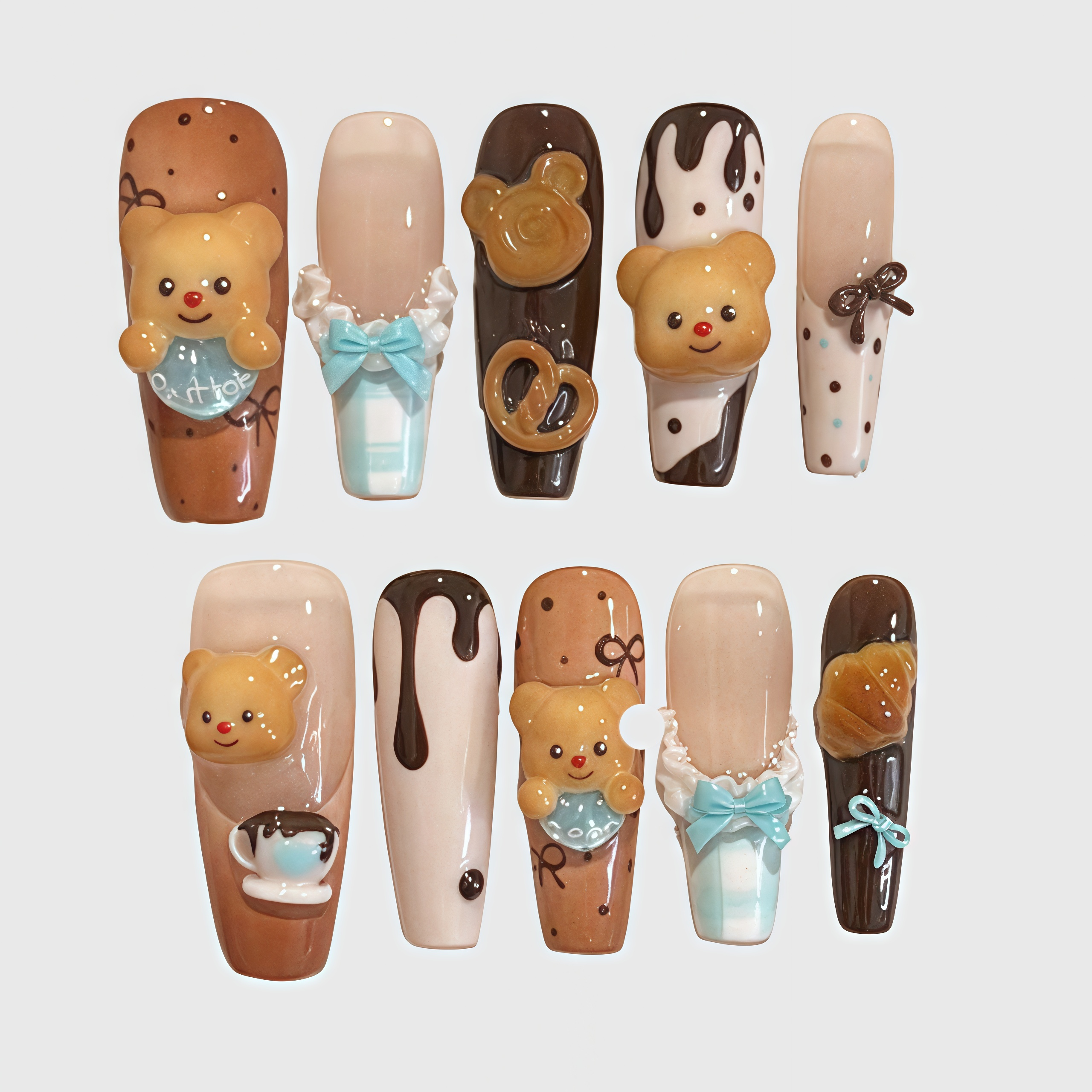 Coffin Shape Brown Dessert Press On Nails with Cute Bear, Chocolate Drip, Croissant & Pretzel Charms, Reusable Nail Art for Women