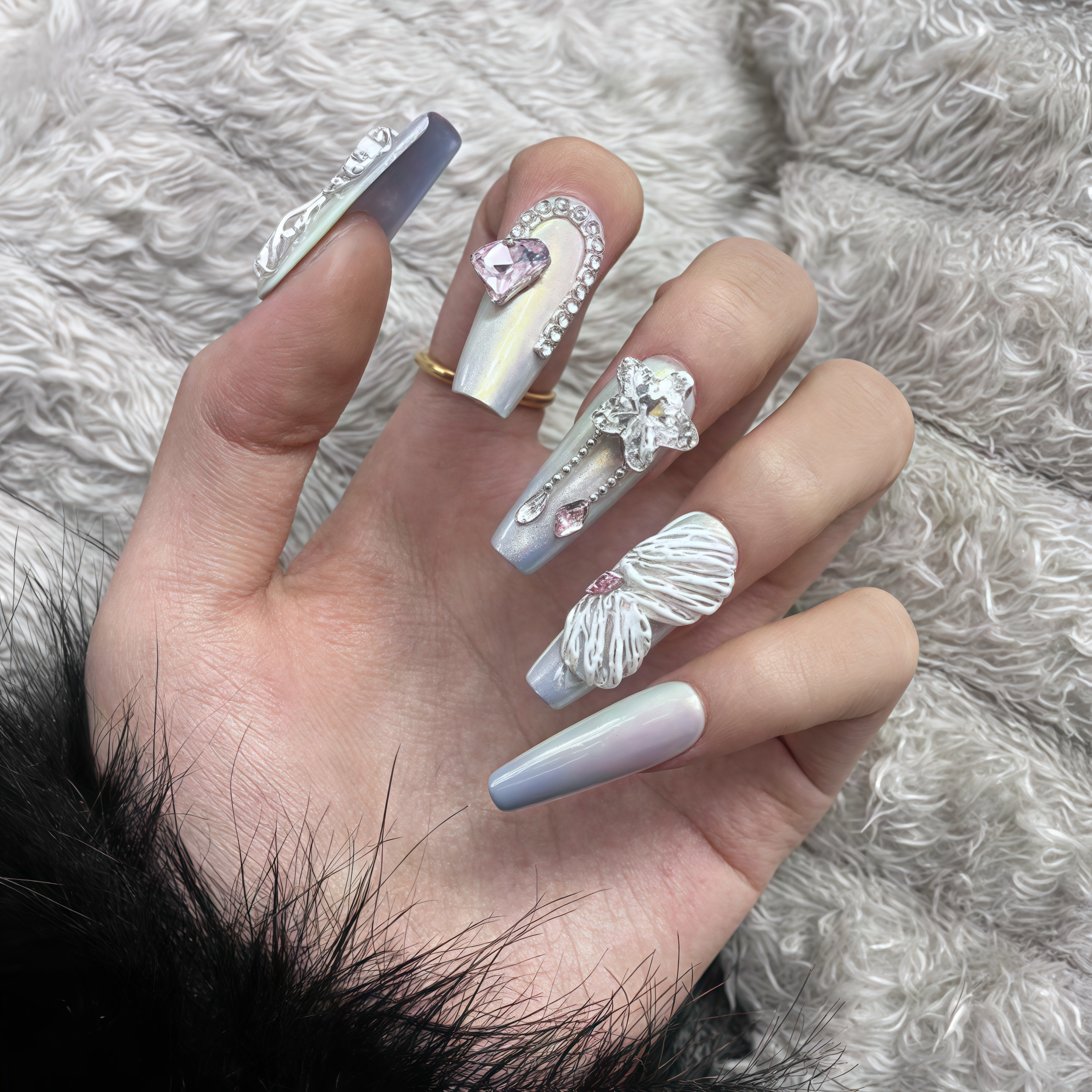 Ballerina Shape Silver Chrome Press On Nails with Rhinestones, Bows & 3D Decorations, Reusable Luxury Nail Art for Women
