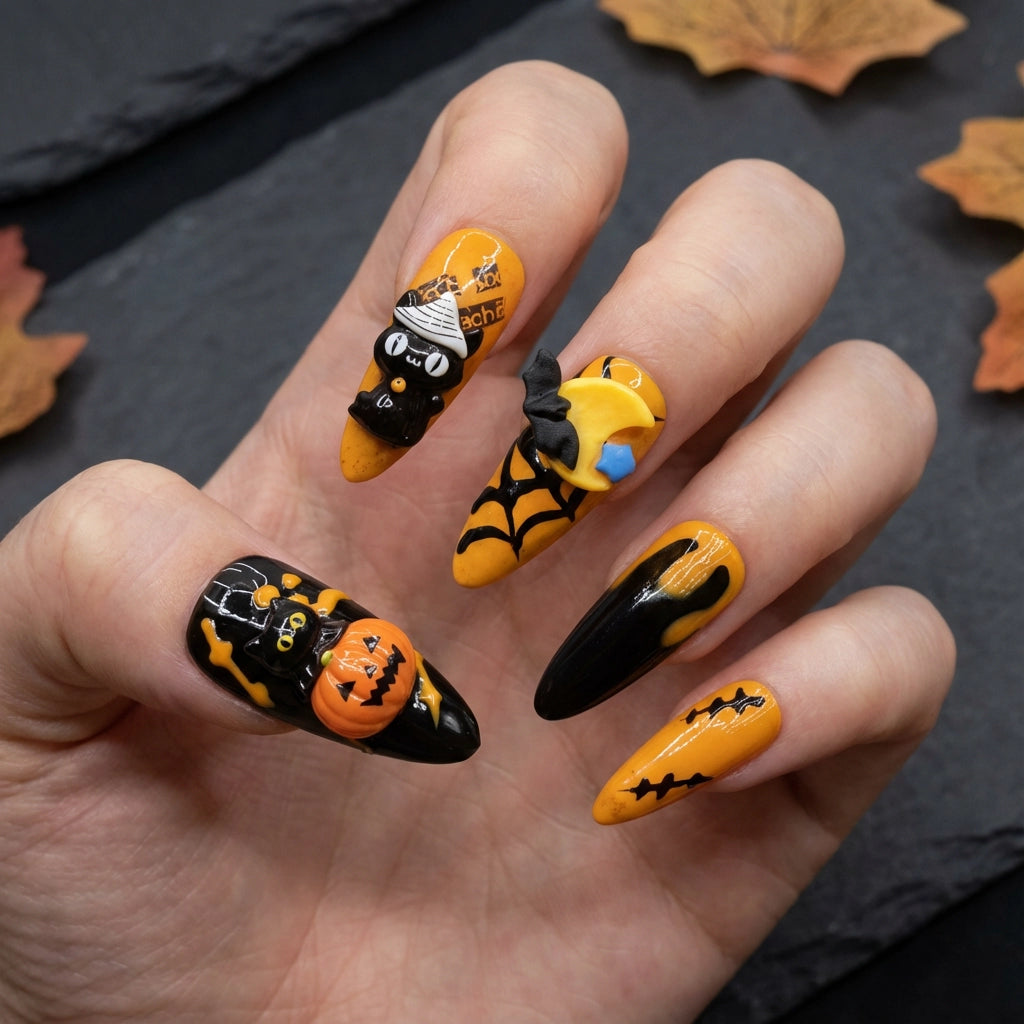 Reusable Halloween Press On Nails – Stiletto Shape with 3D Cat, Pumpkin, and Bat Designs for Spooky Season