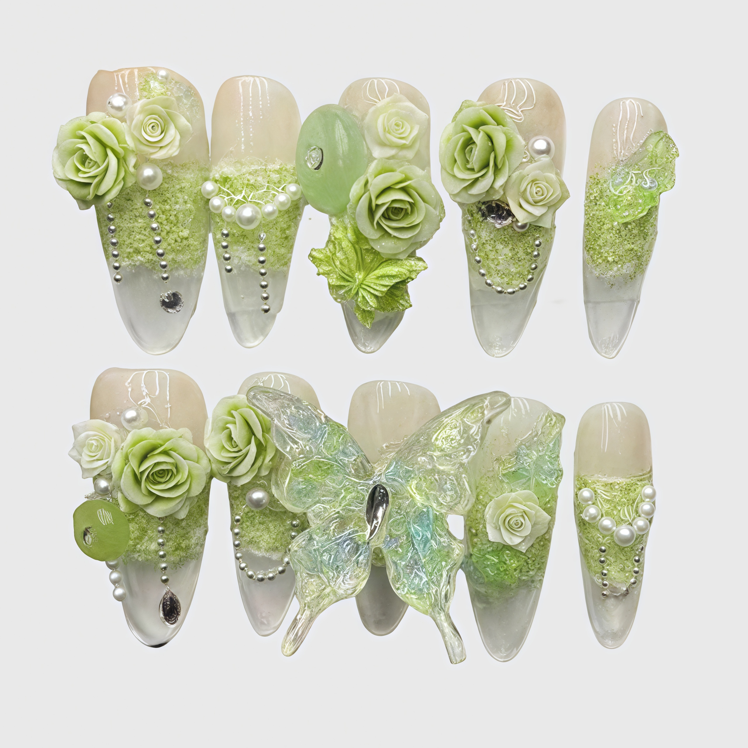 Stiletto Shape Reusable Green Floral Press On Nails Set with Rose, Pearl & Butterfly Designs for Women