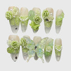 Reusable Sage Green Rose Press On Nails – Stiletto Shape with 3D Flower, Butterfly, and Pearl Designs for Fairy-core Vibes